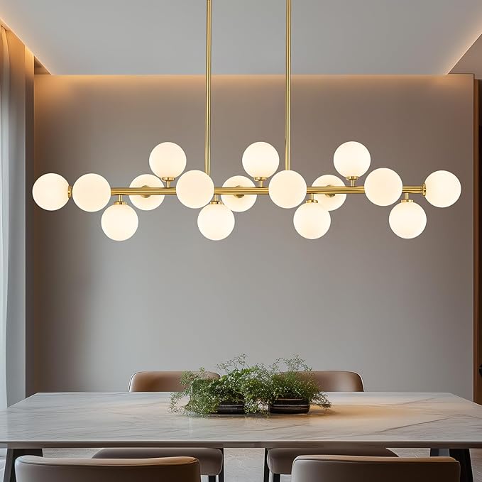 55" Long Brass Gold Chandeliers for Dining Room Kitchen Island, Large Globe Sputnik Linear Chandelier, 16 Lights Mid Century Modern Light Fixture Over Table, Milk White Bubble, GC-08