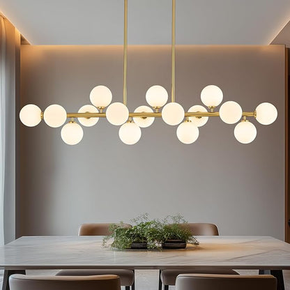 55" Long Brass Gold Chandeliers for Dining Room Kitchen Island, Large Globe Sputnik Linear Chandelier, 16 Lights Mid Century Modern Light Fixture Over Table, Milk White Bubble, GC-08