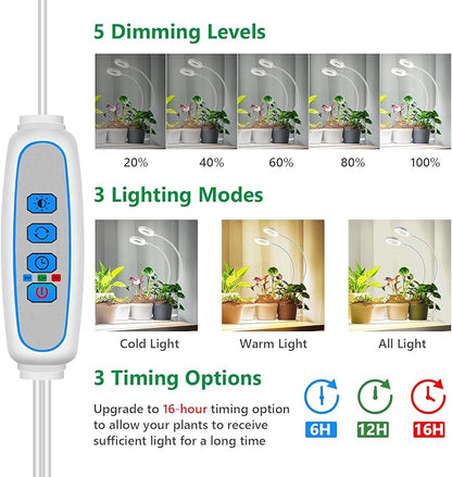 Grow Lights for Indoor Plants, 2 Heads 96 LEDs Full Spectrum Clip On Grow Light with Clip, Plant Lights for Indoor Growing with 3 Lighting Modes, 6/12/16Hrs Auto Time, 5 Brightness.