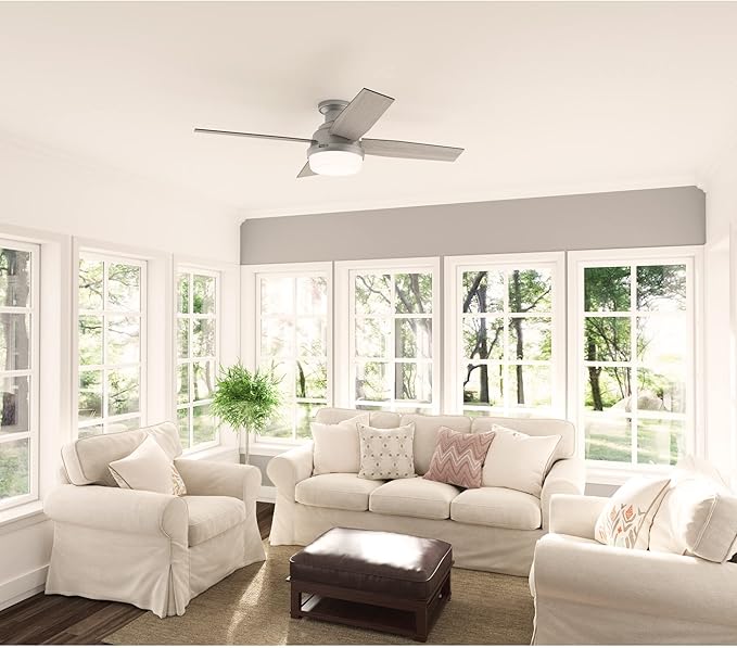 Hunter 52 inch Indoor Ceiling Fan with LED Light and Remote Control - Modern Ceiling Fan, Low Profile Mount, 4 Blades, For Bedroom, Living Room, or Kitchen, Quiet - Dempsey 51736, Matte Silver