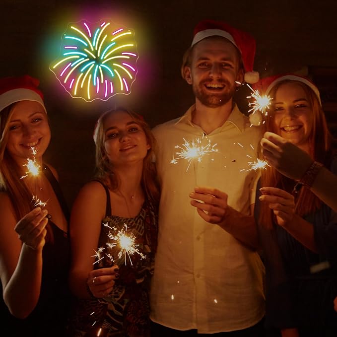 Fireworks Neon Sign 13.8x12.8in LED Wall Light USB Powered Decorative Sign for New Year Party Holiday Celebration Bedroom Living Room Wedding Party Decor