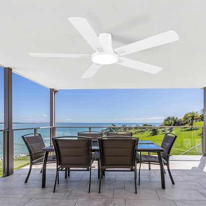SNJ 60 Inch White Ceiling Fans with Lights and Remote,Flush Mount Low Profile 5 Blades Ceiling Fan,Dimmable Quiet Reversible DC Motor for,Living Room,Bedroom and Patio