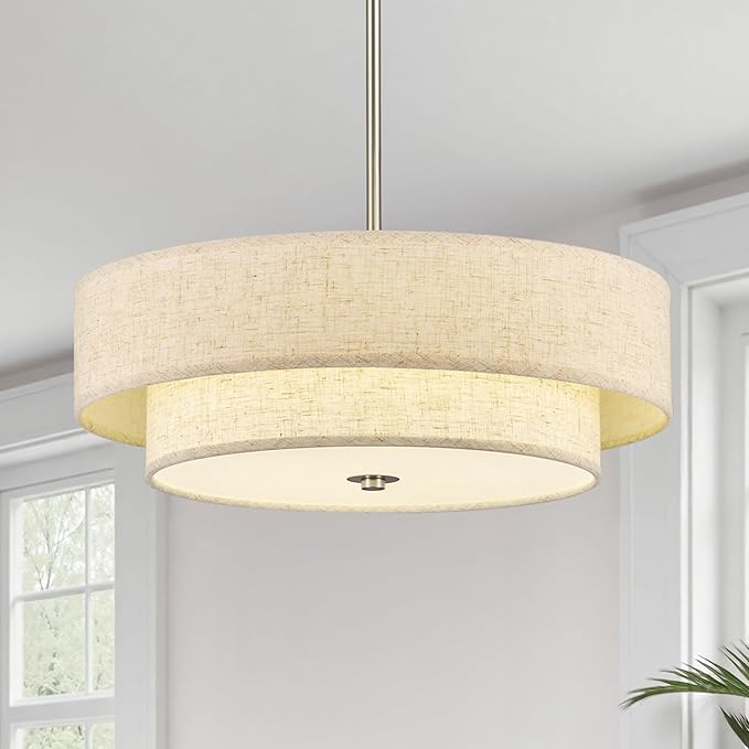 VONLUCE Modern Chandeliers, 18" Drum Chandeliers with 2-Layer Fabric Shade, 4-Light Pendant Light Fixture with E26 Base, Light Fixture for Dining Room Bedroom Living Room, Linen Shade & Nickel Finish