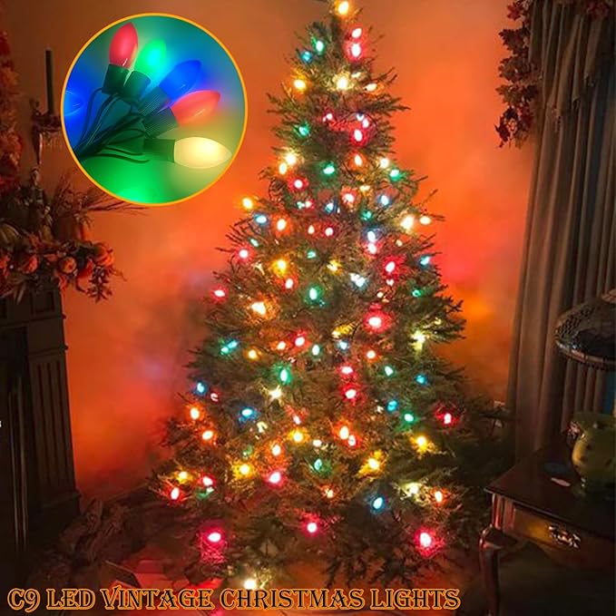 25Ft LED Christmas Lights Outdoor, C9 Vintage Christmas Lights with 25 LED Multicolor Plastic Bulbs, Hanging Christmas String Lights for Indoor Outdoor Party Patio Wedding Xmas Tree Christams Decor