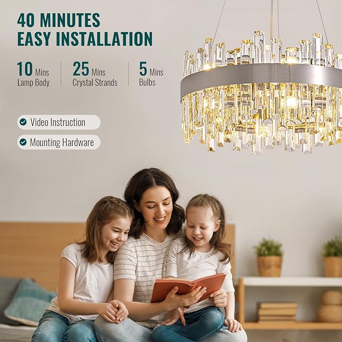Siljoy 12-Light Modern Crystal Chandeliers Luxury 2-Tiers K9 Crystal Raindrop Chandelier Adjustable Dimmable Crystal Ceiling Light for Dining Room Living Room Bedroom Kitchen D19.7''