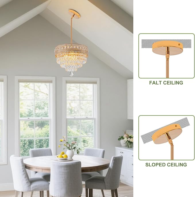 Modern Crystal Chandelier, Farmhouse Ceiling Light, Flush Mount Light Fixture,11.8W x 9H inches, 4-Layer K9 Crystal, Indoor Ceiling Light Pendant for Bedroom, Hallway, Closet (Gilded Antique)