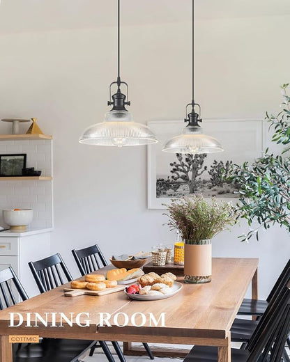 Black Glass Pendant Lights Kitchen Island, 12in, Modern Kitchen Pendant Lights Fixture, Farmhouse Pendant Lighting for Dining Room Bedroom Bar Sink, 2 Pack