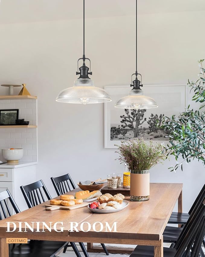 Black Glass Pendant Lights Kitchen Island, 12in, Ribbed Glass Kitchen Pendant Lights Fixture, Farmhouse Pendant Lighting for Dining Room Bedroom Bar Sink, 3 Pack