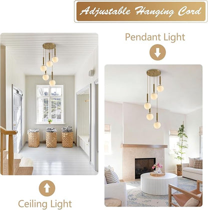 KCO Lighting 5 Light Globe Chandelier Gold Cluster Pendant Light Fixture Modern Milk Glass Chandelier Large Round Kitchen Island Pendant Lighting Contemporary Chandeliers for Foyer Entryway