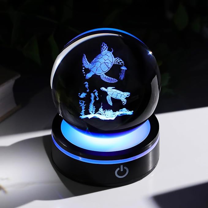YWHL 3D Sea Turtles Crystal Ball Figurine with LED Base, Laser Sea Turtle Gifts for Women Men on Birthday Christmas, Glass Decorative Turtle Statue Ball Night Light for Home Decor (80mm)