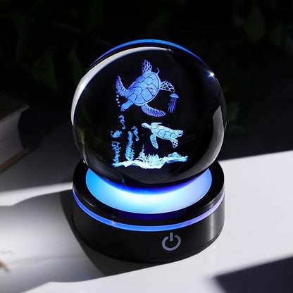 YWHL 3D Sea Turtles Crystal Ball Figurine with LED Base, Laser Sea Turtle Gifts for Women Men on Birthday Christmas, Glass Decorative Turtle Statue Ball Night Light for Home Decor (80mm)