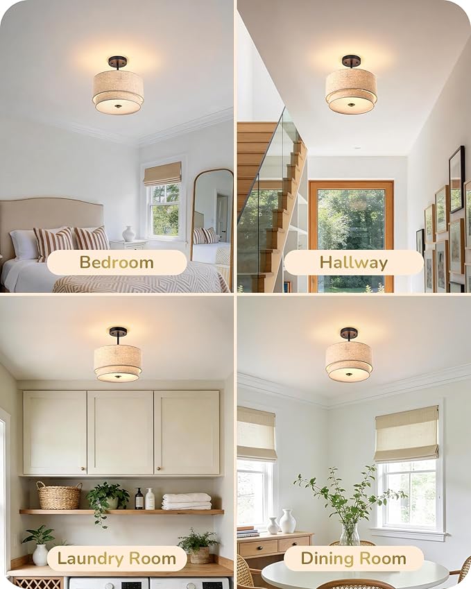 EDISHINE 12.6" Semi Flush Mount Ceiling Light, 3-Light Close to Ceiling Light Fixtures with Double Drum Linen Fabric Shade, Hallway Lights Fixtures for Living Room Entryway Kitchen, Matte Black