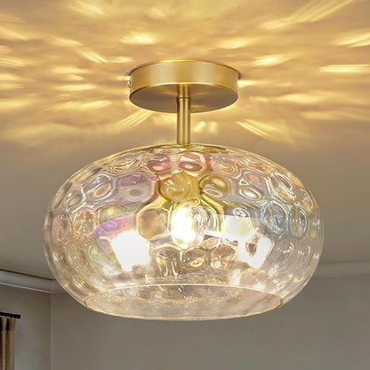 12" Iridescent Rainbow Hammered Glass Ceiling Light, 3-Light Semi Flush Mount Fixture, Modern Gold Lighting for Bedroom, Hallway, Kitchen, Dining Room, Living Room, Foyer