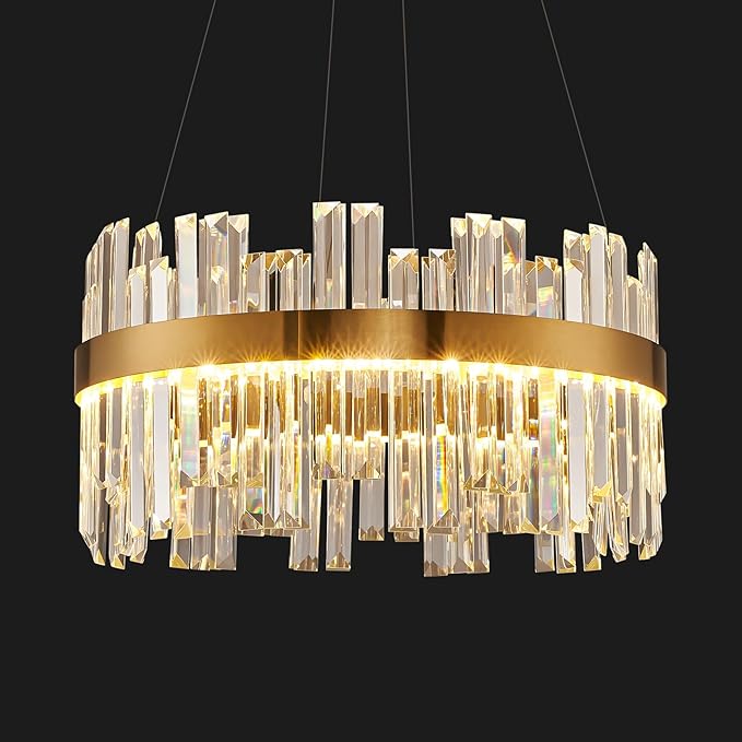 Gold Modern Crystal Led Chandelier: 19.7" Dimmable K9 Crystals Chandeliers over Table - Golden Luxury Round Drum Chandelier - Height Adjustable Sparkly Chandelier for Dining Room Living Room Bedroom