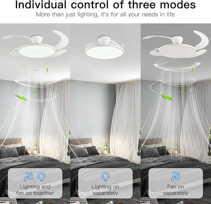 AHAWILL 48'' Retractable Ceiling Fan,Full Spectrum Low Profile Ceiling Fan with Light and Remote,Modern White Fan for Dinning Room Living Room Bedroom,Retractable Blades,Dimmable,Timer Setting
