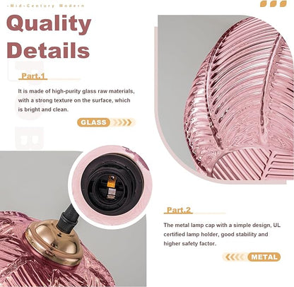Hanging Lamp Pink Glass Pendant Light Plug in Chandelier with 14.76Ft Long Cord Boho Hanging Light Fixture Mid Century Modern Swag Lamp for Bedroom Girls Room Nursery Living Room