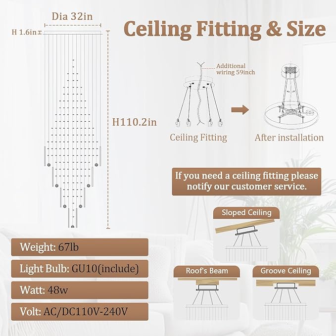 Flashing God D32''X H110'' High Ceiling Chandelier Crystal Raindrop Chandeliers Staircase Large Chandelier Villa Entrance Foyer Ceiling Light High Ceiling Pendant Light Fixture