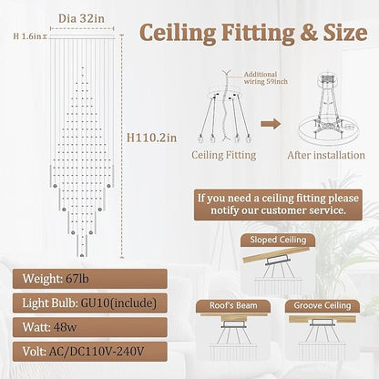 Flashing God D32''X H110'' High Ceiling Chandelier Crystal Raindrop Chandeliers Staircase Large Chandelier Villa Entrance Foyer Ceiling Light High Ceiling Pendant Light Fixture