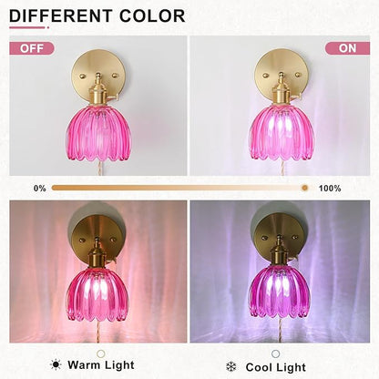 Plug in Wall Sconces Set of 2, Vintage Wall Sconce Light with Tulip Ruby Red Glass Lampshade, Bedroom Wall Sconce with Switch and Plug in wall lamp Cord, Gold Wall Light Wall Decor Set of 2