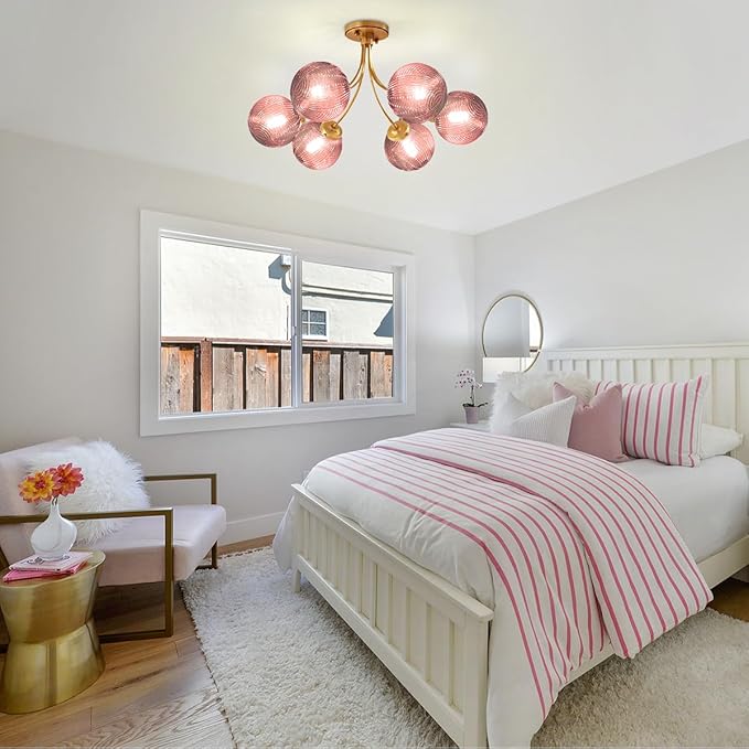 Modern Pink Chandelier 6-Lights Gold Ceiling Pendant Light with Striped Glass Shades Large Globe Chandelier Mid Century Flush Mount Ceiling Light Fixture for Dining Room Living Room
