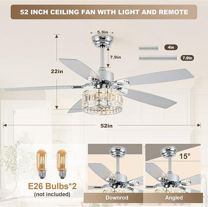Chandelier Ceiling Fans with Lights and Remote,Caged Ceiling Fan with Light,App 5 Blades E26 Fandelier Ceiling Fans with Lights,Crystal Ceiling Fan for Bedroom,Living Room. (Nickel, 52 Inch)