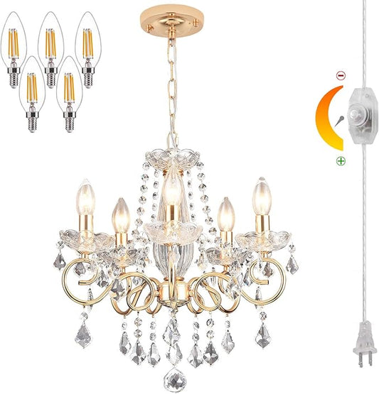 DIMMABLE Plug in Crystal Chandelier 5 Light (BULBS INCLUDED), Champaign Gold Hanging Pendant Light Fixture with 19.68ft Long Cord, K9 Crystal Ceiling for Dining Room, Living Room, Entryway, Kitchen