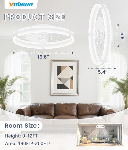 VOLISUN Ceiling Fans with Lights and Remote, 19.7in Low Profile Ceiling Fans with Light, 3000K-6500K Dimmable Fandelier Ceiling Fan, White Flush Mount Ceiling Fan for Bedroom