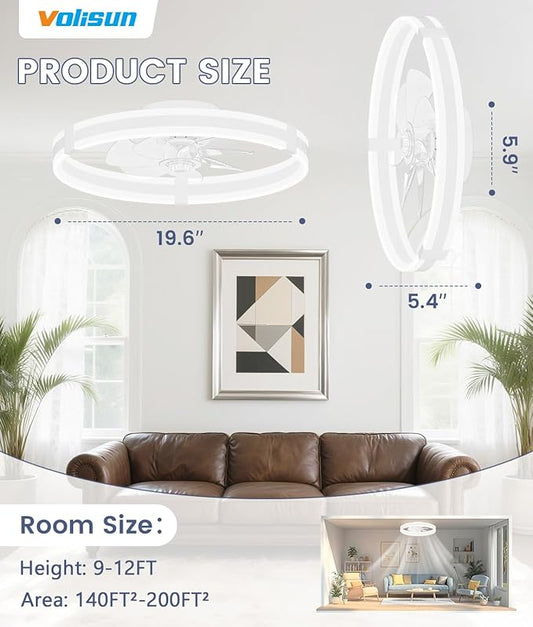VOLISUN Ceiling Fans with Lights and Remote, 19.7in Low Profile Ceiling Fans with Light, 3000K-6500K Dimmable Fandelier Ceiling Fan, White Flush Mount Ceiling Fan for Bedroom
