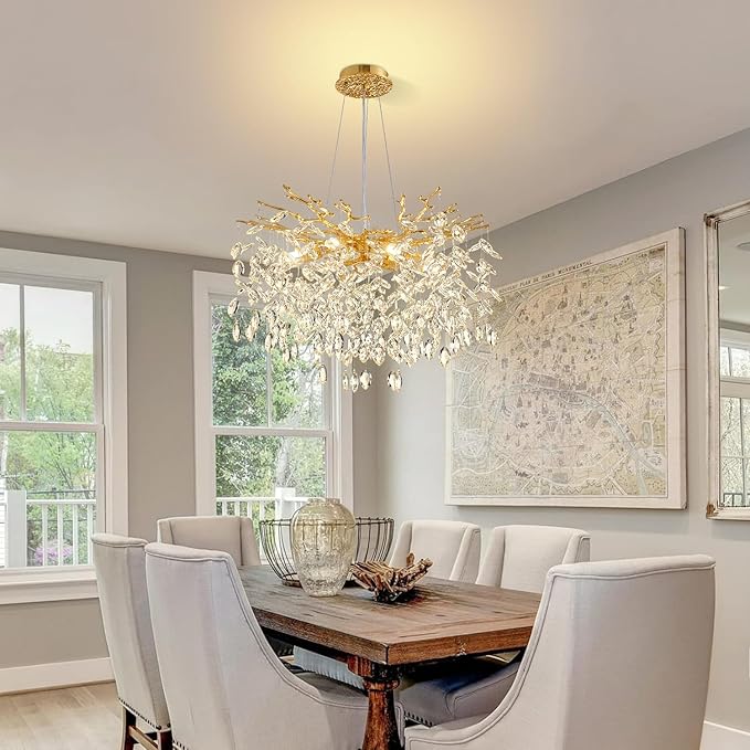 Modern Tree Branch Crystal Chandelier 23.6" Gold Luxury Large Pendant Lighting 8-Light Contemporary K9 Crystal Chandeliers for Dining Room Kitchen Living Room Foyer Entryway (Gold, D23.6"-Round)