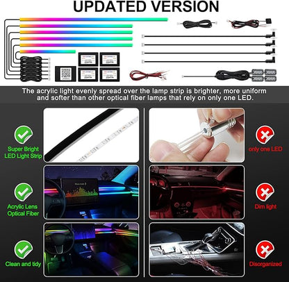 Dreamcolor Acrylic Interior Car LED Strip Light with Wireless APP, RGB 14 in 1 with 175 inches 593 LEDs Fiber Optic Ambient Lighting Kits, 16 Million Colors Sound Active Function Car Neon Lights