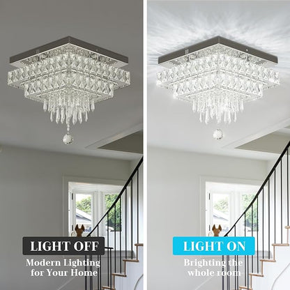 Finktonglan 13" Square Crystal Ceiling Light Flush Mount, Modern Multi-Layer LED Crystal Chandelier, Cool White 6500K, Non-Dimmable No Remote for Bedroom Entryway Dining Room Living Room
