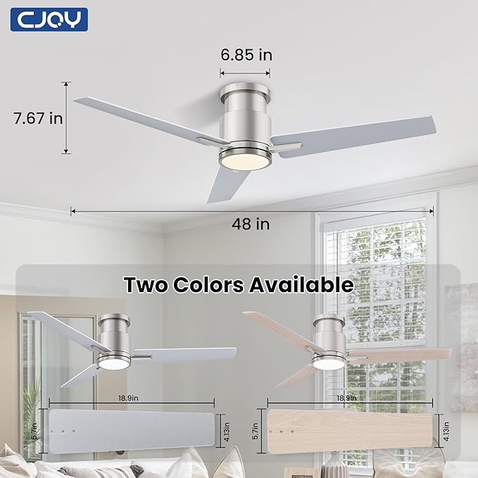 CJOY Ceiling Fan with Lights, 48 Inch Low Profile Ceiling Fans with Light and Remote, Reversible DC, Flush Mount, 3CCT，Dimmable, Modern Indoor/Outdoor Design for Bedroom, Living Room, Patio, Kitchen