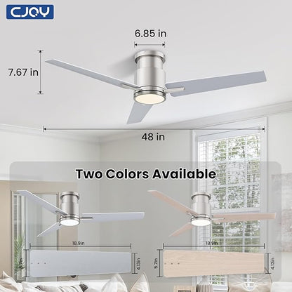 CJOY Ceiling Fan with Lights, 48 Inch Low Profile Ceiling Fans with Light and Remote, Reversible DC, Flush Mount, 3CCT，Dimmable, Modern Indoor/Outdoor Design for Bedroom, Living Room, Patio, Kitchen
