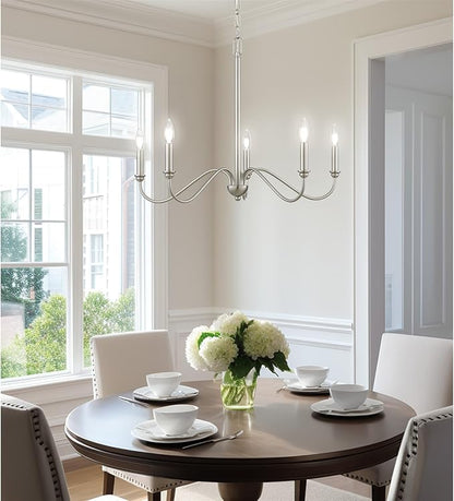 Kira Home Archer 28" 5-Light Farmhouse Chandelier, Brushed Nickel Ceiling Fixture with Elegant Curved Swoop Arms, Brushed Nickel Finish