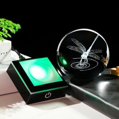 Arikyrist 3D Dragonfly Crystal Ball Figurine with LED Base, Dragonfly Gifts for Men Women on Christmas Birthday, Glass Statue Glass Animals Insect Sphere Decorative Ball for Home Decor (80mm)