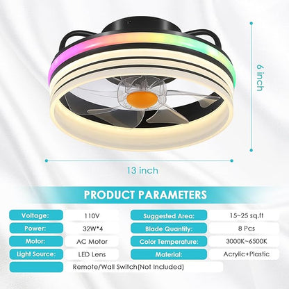 Mpayel Flush Mount Ceiling Fan with Light - Small Low Profile Ceiling Fan,13" RGB Dimmable LED Bladeless Ceiling Fans, Modern Enclosed LED-RGB Ambient Light for Bedroom, Kids Room, Party