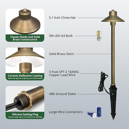 GKOLED Solid Brass Landscape Path Lights (5" Shade, 20" Tall), Low Voltage LED 3W 12-24V China Hat Path Lighting, Outdoor Waterproof Walkway Light, 2700K Warm White, with Stake and G4 Bulb, 2 Pack