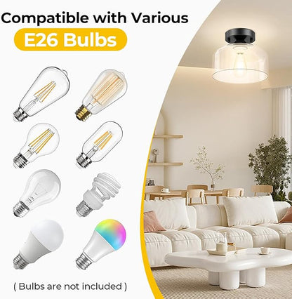 LACCEN Semi Flush Mount Ceiling Light - Clear Glass Pendant Lamp Shade, Matte Black Finish, Modern Farmhouse Light Fixture for Hallway Corridor Kitchen Entryway Bedroom, Bulb Not Included