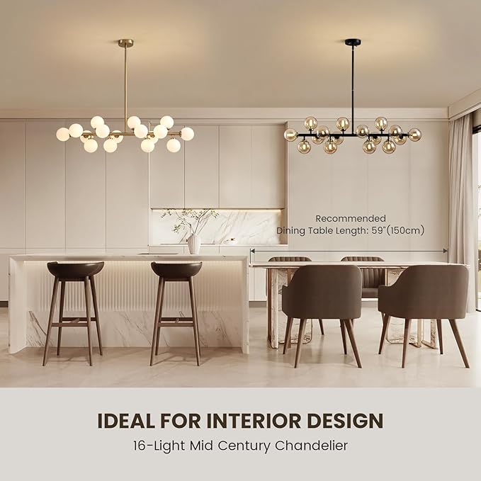 Mid Century Modern Chandeliers for Dining Room, 39" Linear Pendant Light Fixtures with Amber Glass Globe, 16-Light Sputnik Hanging Light for Living Room Kitchen Island