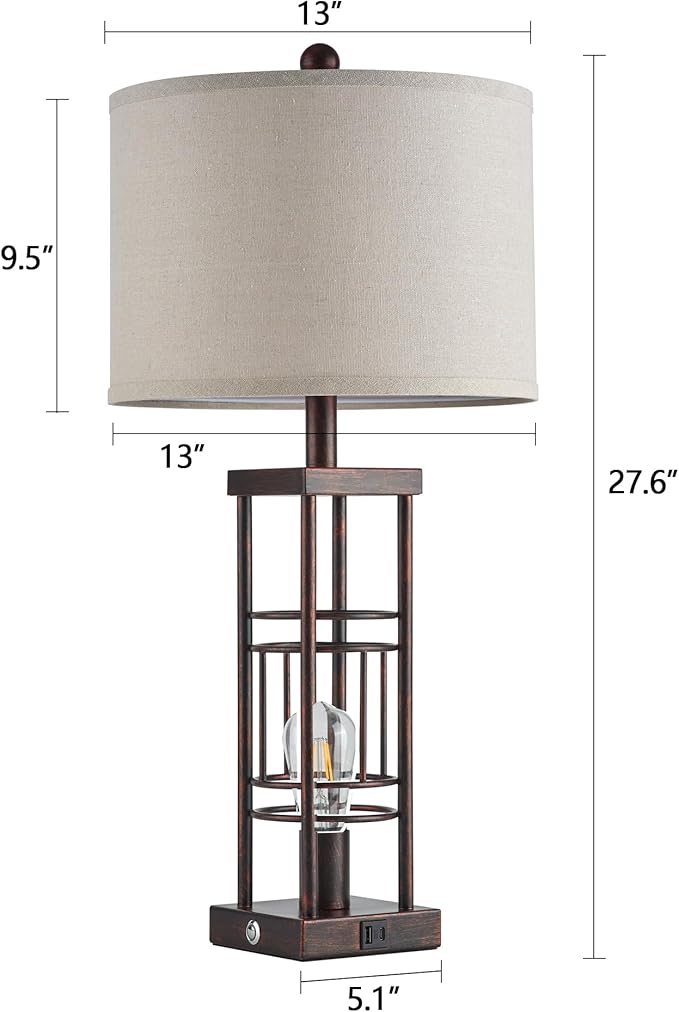 Reaketon Table Lamp for Living Room Set of 2 with USB Charging Ports, 3-Way Dimmable 27.6" Farmhouse Lamps for Bedroom, Rustic Bedside Lamp, Industrial Nightstand Lamps, Bulbs Included