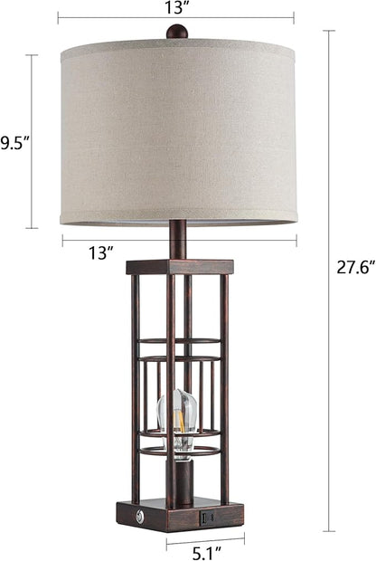 Reaketon Table Lamp for Living Room Set of 2 with USB Charging Ports, 3-Way Dimmable 27.6" Farmhouse Lamps for Bedroom, Rustic Bedside Lamp, Industrial Nightstand Lamps, Bulbs Included