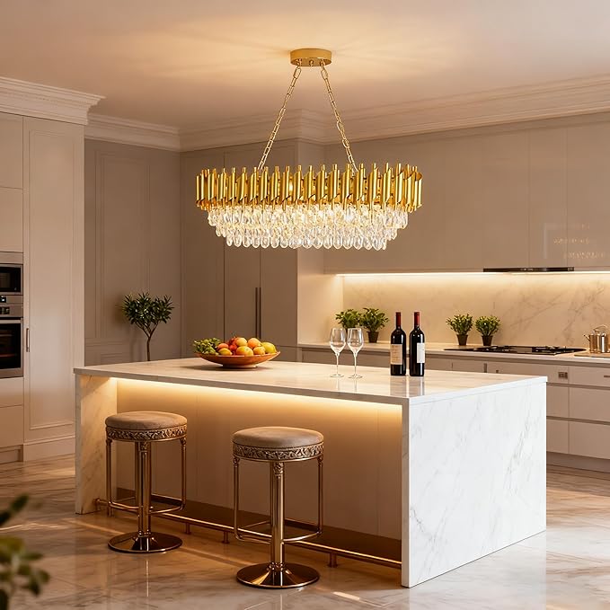 Oval Contemporary Ceiling Hanging Light, L32in Luxury Gold Chandelier Modern Rectangular Chandelier Linear Ceiling Pendant Light for Bedroom Kitchen 8Lights