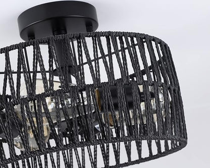 3-Light Coastal Black Woven Flush Mount Light Fixture Rustic Industrial Hemp Rope Flush Mount Ceiling Light for Hallway Bedroom Kitchen Entryway Farmhouse Living Room, Black