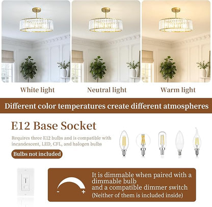 Modern Crystal Chandelier for Dining Room,16 Inch Gold Semi Flush Mount Ceiling Light Fixture,Round Kitchen Hanging Drum Pendant Lights Ceiling for Bedroom Foyer Hallway， 4-Light