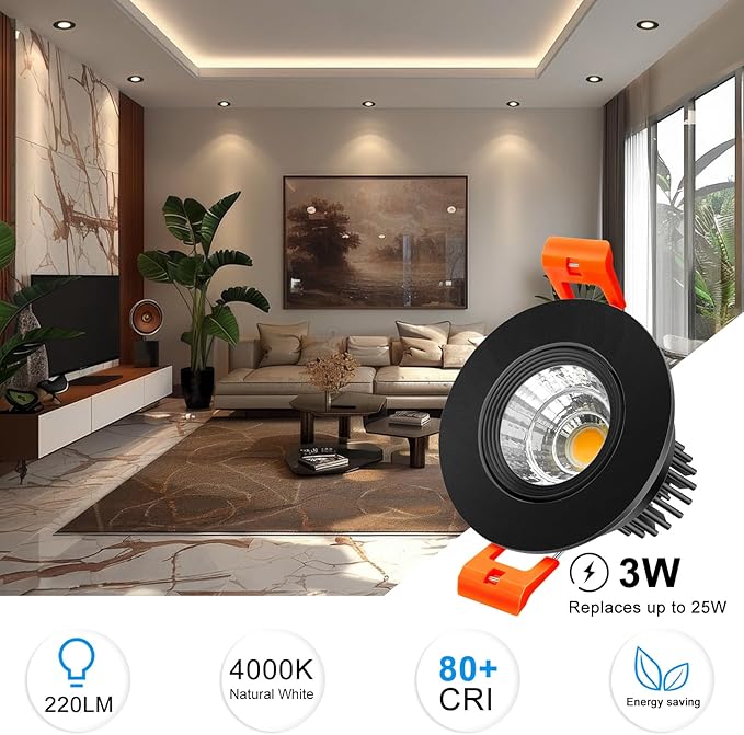 inShareplus 2 Inch LED Downlight, 3W Recessed Lighting 220LM COB Dimmable, 4000K Natural White, CRI80, Black Trim, Ceiling Lights with LED Driver, 20 Pack