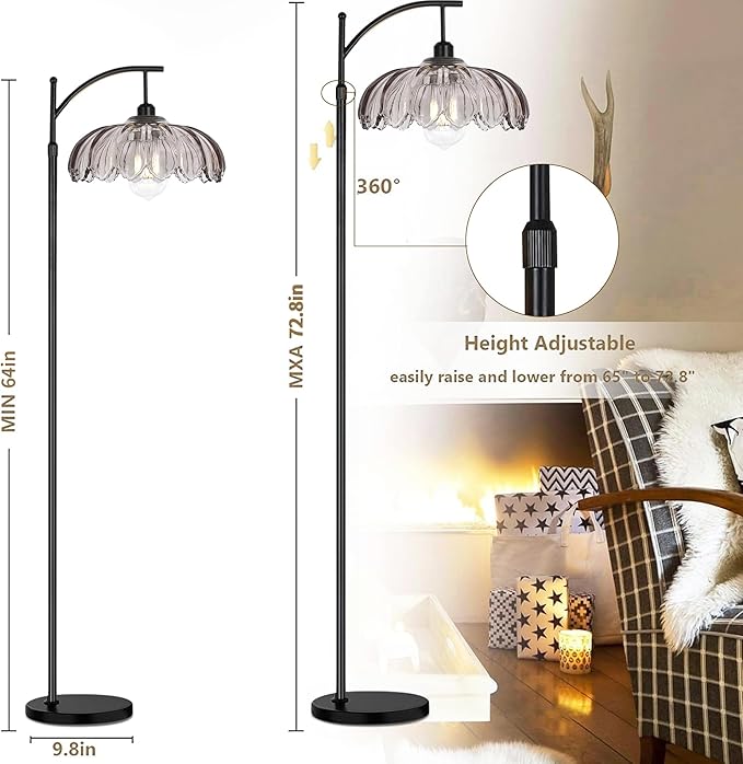 AHDWDW Arc Floor Lamps for Living Room with Remote,Black Dimmable Floor Lamp with Gray Glass Shade,Unique Vintage Flower Standing Tall Lamp,Modern Mid Century Floor Lamps for Bedroom Office Corner