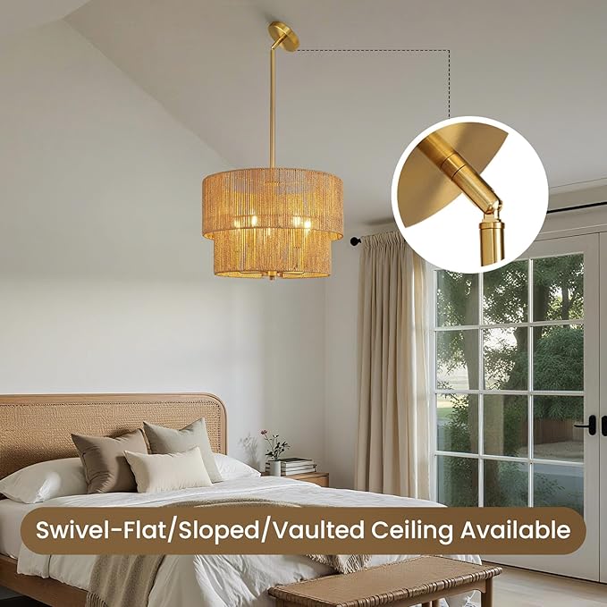 RUIYEY Rattan Chandelier Light Fixtures: 18 inch Boho Pendant Lights with Wicker Lampshade, E12 5 Light Height Adjustable Hand Woven Hanging Chandeliers for Dining Room Kitchen Farmhouse Living Room