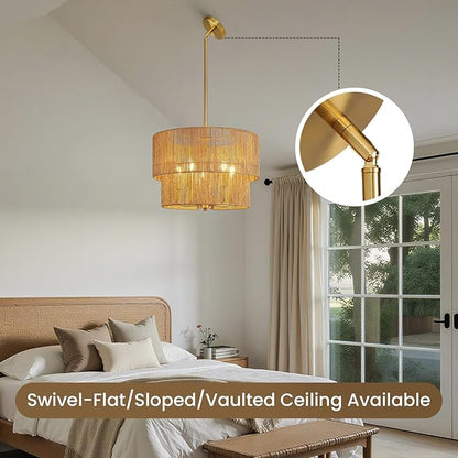 RUIYEY Rattan Chandelier Light Fixtures: 18 inch Boho Pendant Lights with Wicker Lampshade, E12 5 Light Height Adjustable Hand Woven Hanging Chandeliers for Dining Room Kitchen Farmhouse Living Room