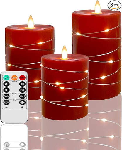 Red Flameless Candles with String Lights Battery Operated LED Pillar Candles 4‘’ 5‘’ 6‘’ Candle with Remote Control,Fake Candle Set of 3 for Christmas or Special Festivals Decorations