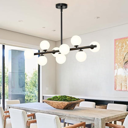 Mid Century Modern Sputnik Chandeliers: 9-Light Black Linear Dining Room Light Fixture - 40" Long Modern Milk White Glass Globe Pendant High Ceiling Chandelier Lighting for Living Room Kitchen Island